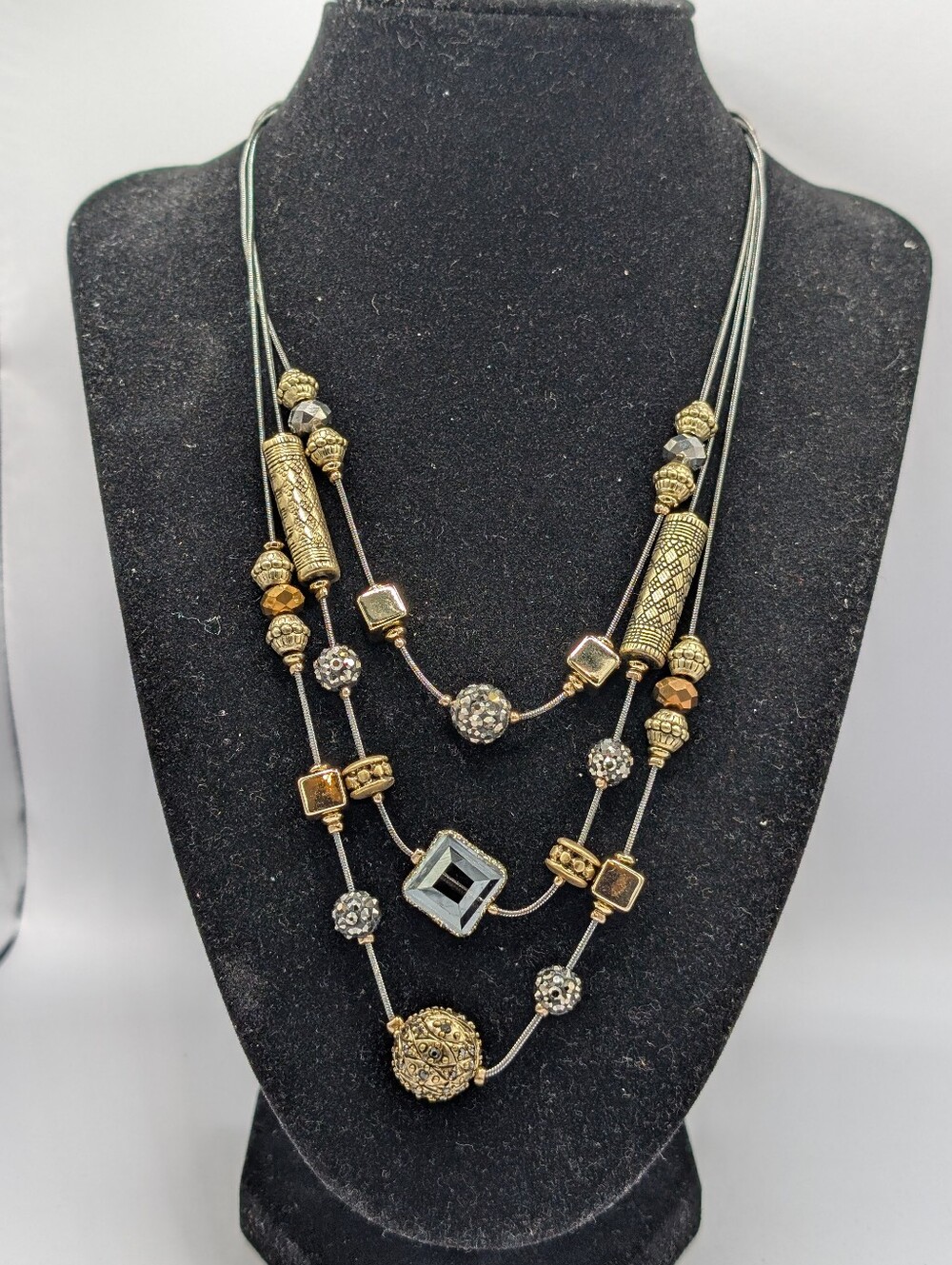 Chico's Multi-Strand Gold-Tone and Black Beaded Statement Necklace